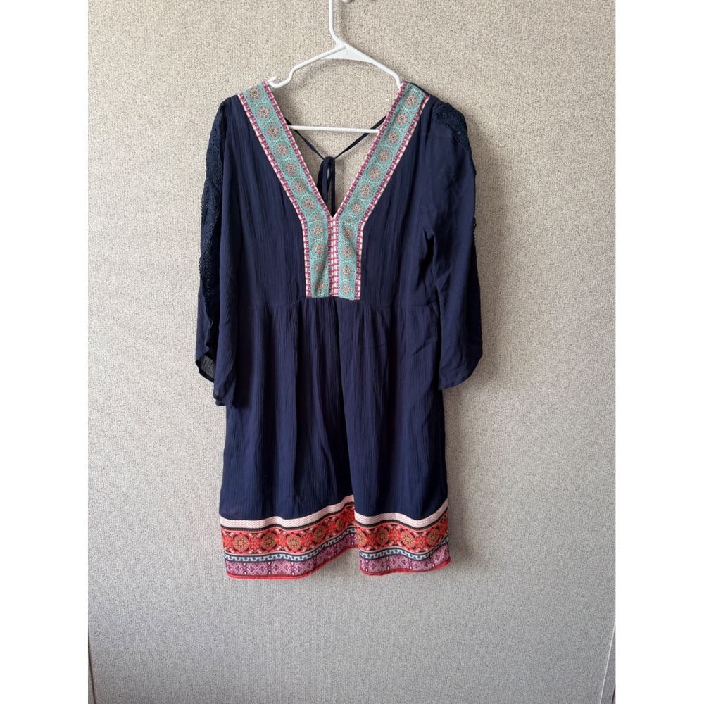 White Mark Navy Blue Boho Embroidered V-Neck Tunic Dress Small Lace Bell Sleeve